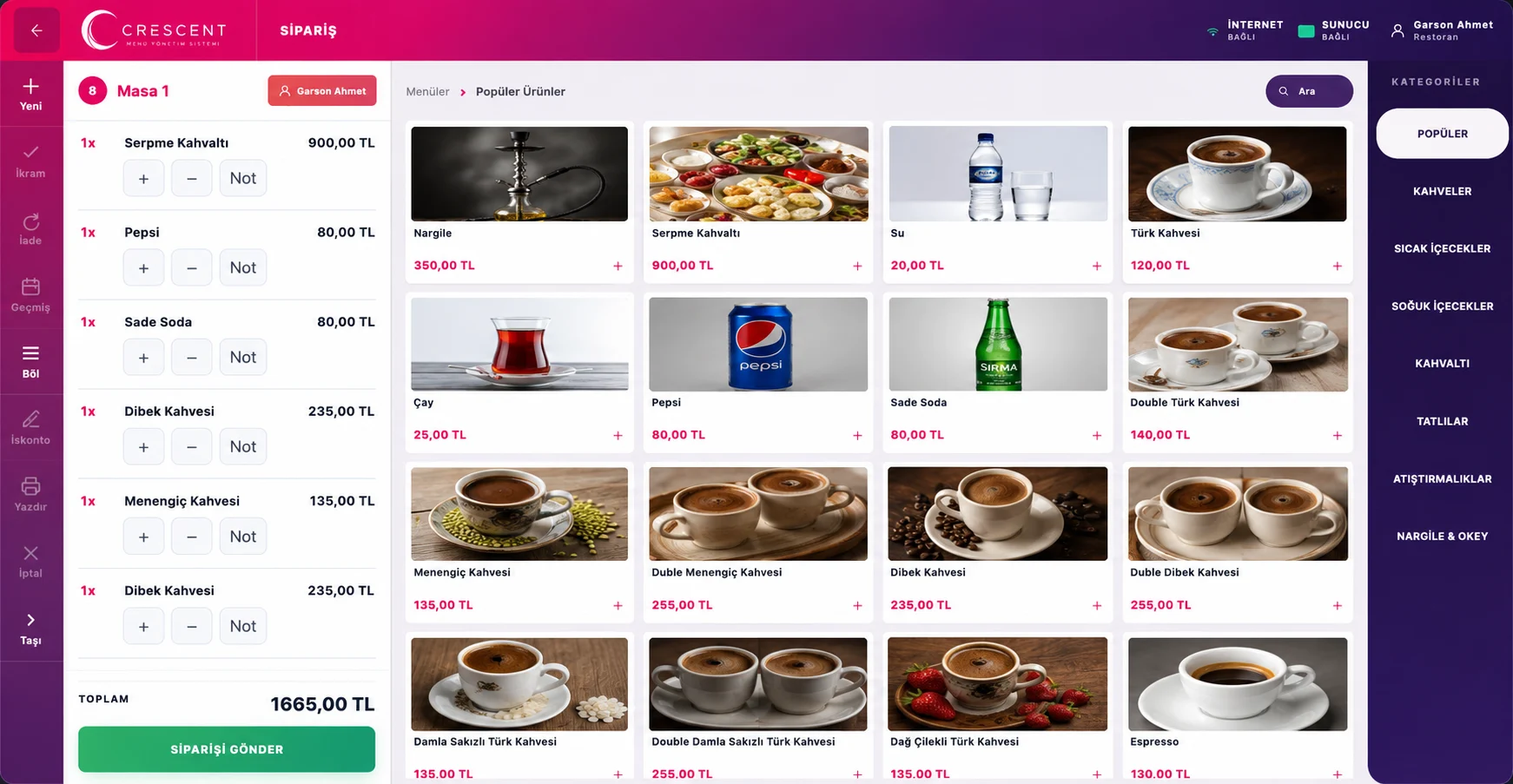 Restoran adisyon programı sipariş ekranı