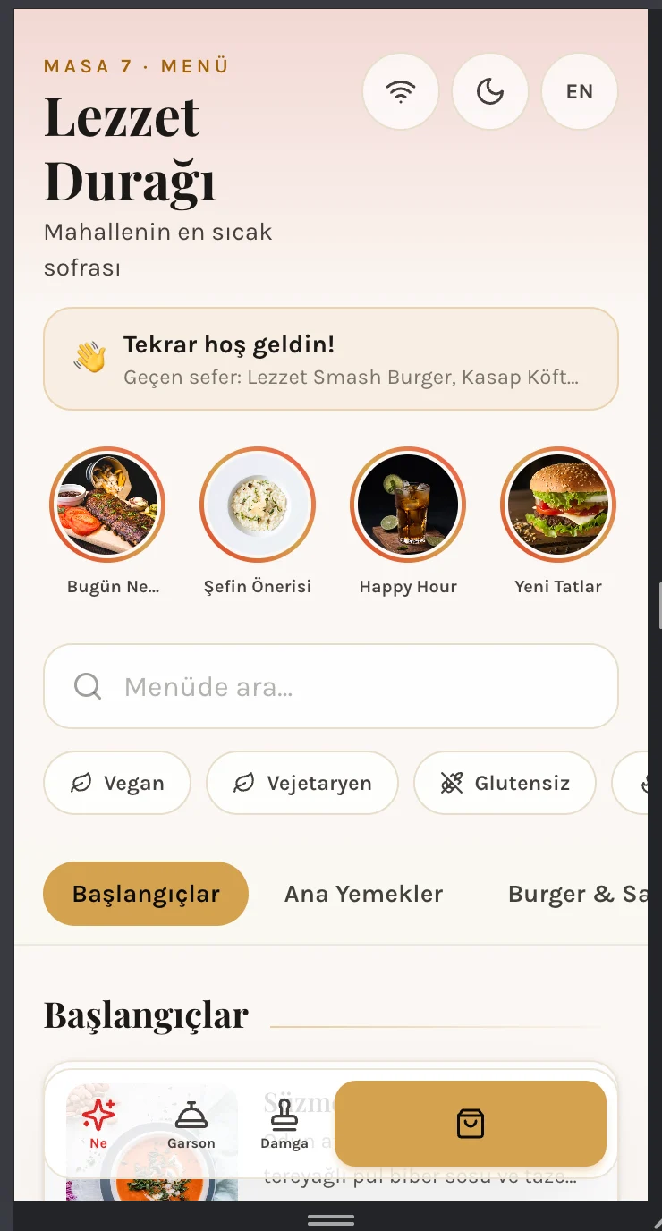 Yapay zekâ QR menü ekranı: kategoriler, vegan ve glutensiz filtreleri, garson çağırma, sepet